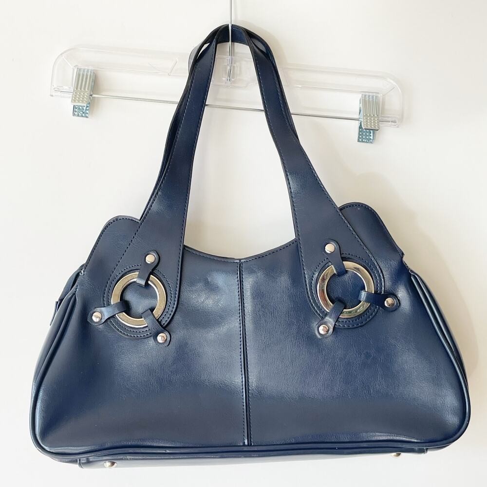 Vintage Y2K Rina Rich Blue Handbag Silver O-Ring Shoulder Bag Baguette McBling